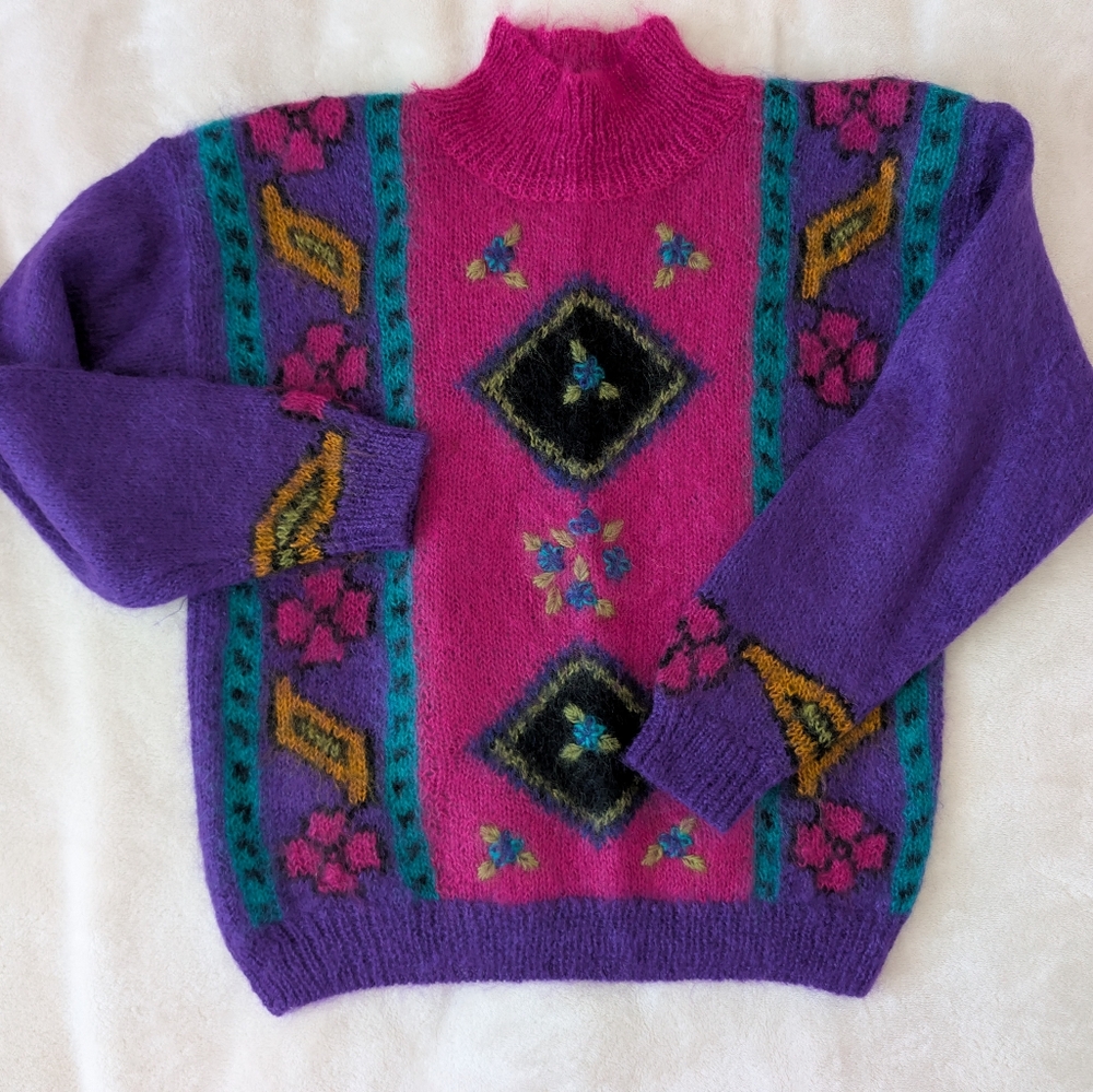 Michelle Stuart Fuchsia and Purple Mohair Patterned Turtleneck Sweater